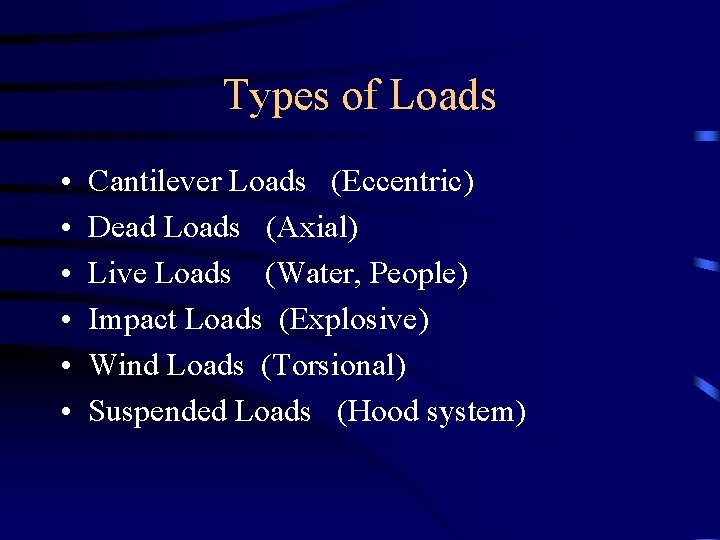 Types of Loads • • • Cantilever Loads (Eccentric) Dead Loads (Axial) Live Loads