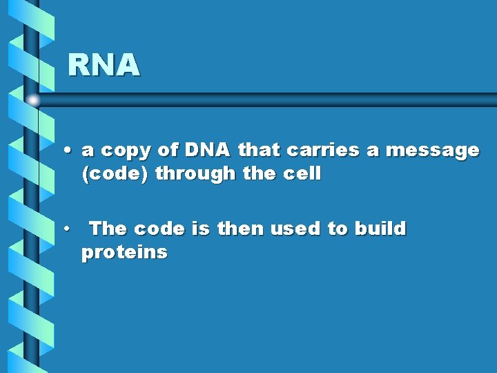 RNA • a copy of DNA that carries a message (code) through the cell RNA • a copy of DNA that carries a message (code) through the cell