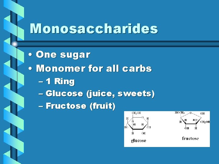 Monosaccharides • One sugar • Monomer for all carbs – 1 Ring – Glucose