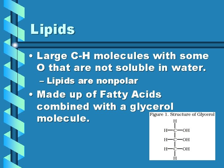 Lipids • Large C-H molecules with some O that are not soluble in water.