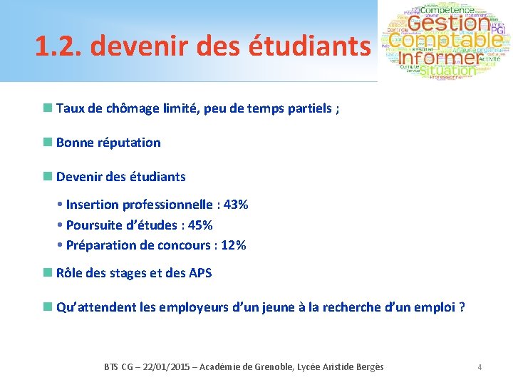 1. 2. devenir des étudiants n Taux de chômage limité, peu de temps partiels