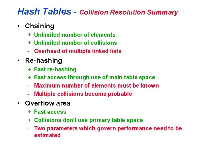 Hash Tables - Collision Resolution Summary • Chaining + Unlimited number of elements +