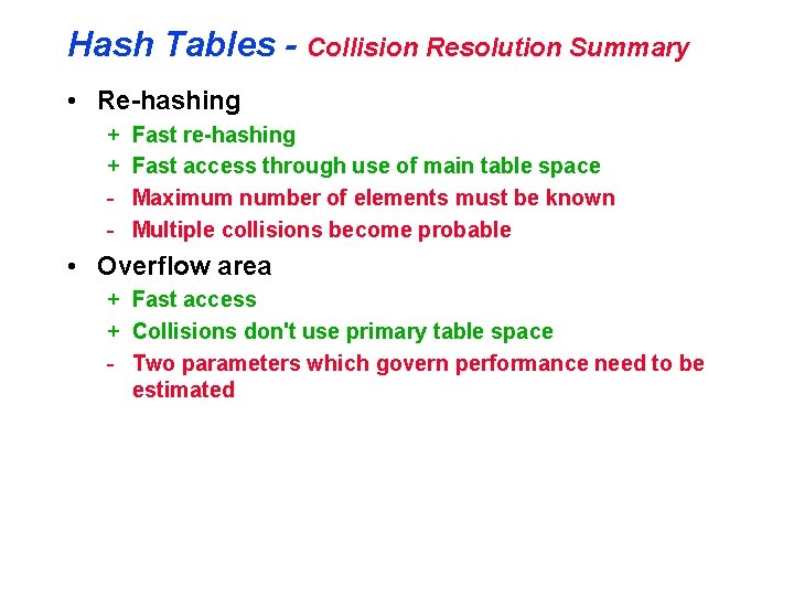 Hash Tables - Collision Resolution Summary • Re-hashing + + - Fast re-hashing Fast