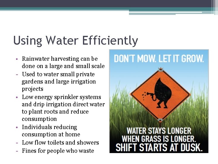 Using Water Efficiently • Rainwater harvesting can be done on a large and small