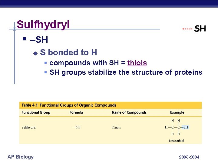 Sulfhydryl § –SH u S bonded to H § compounds with SH = thiols
