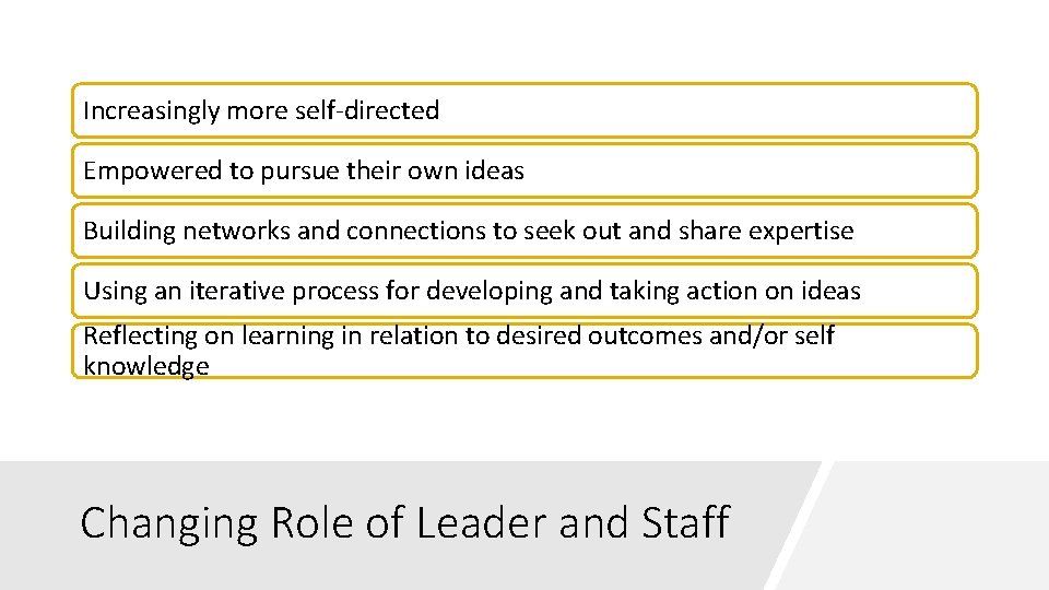 Increasingly more self-directed Empowered to pursue their own ideas Building networks and connections to