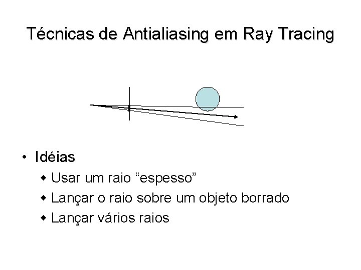 Técnicas de Antialiasing em Ray Tracing • Idéias w Usar um raio “espesso” w
