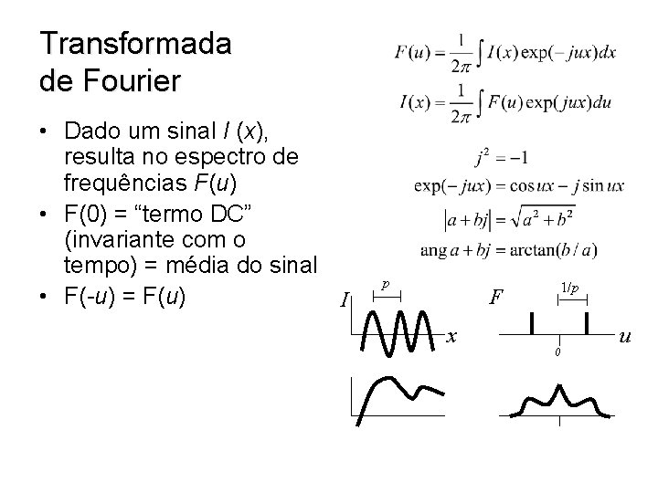 Transformada de Fourier • Dado um sinal I (x), resulta no espectro de frequências