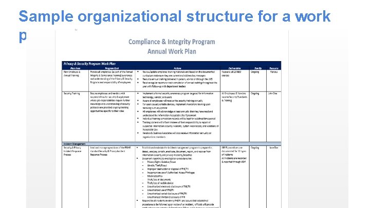 Sample organizational structure for a work plan 