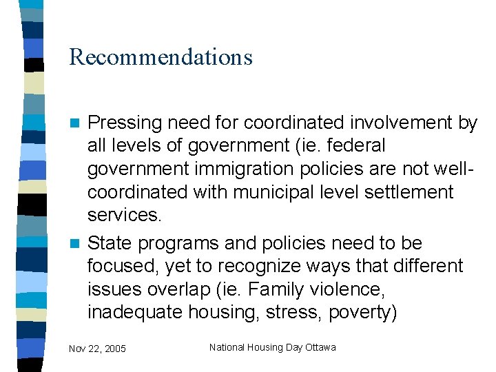 Recommendations Pressing need for coordinated involvement by all levels of government (ie. federal government