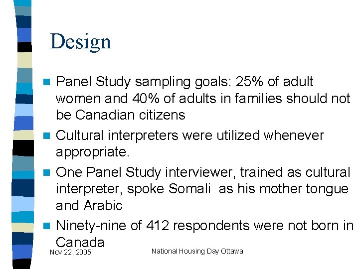Design Panel Study sampling goals: 25% of adult women and 40% of adults in