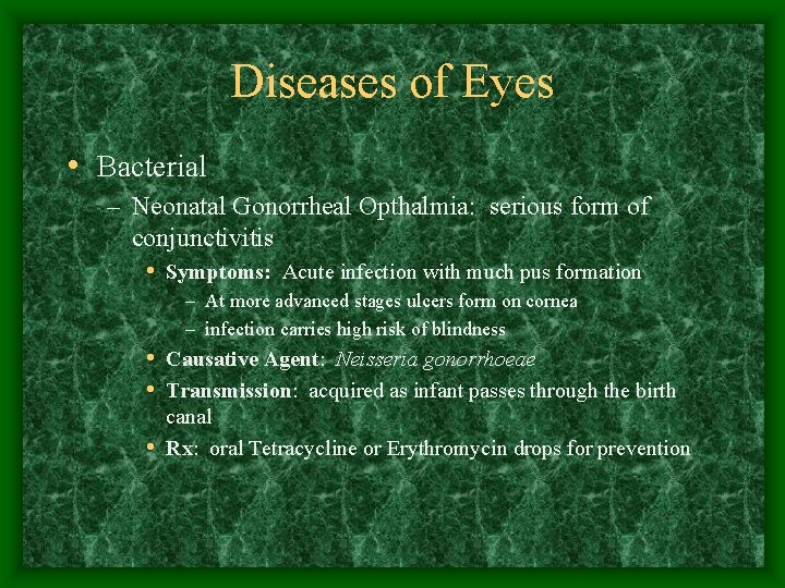 Diseases of Eyes • Bacterial – Neonatal Gonorrheal Opthalmia: serious form of conjunctivitis •