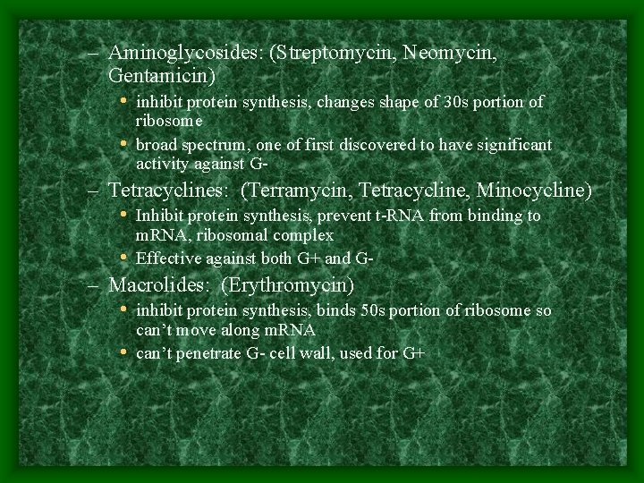 – Aminoglycosides: (Streptomycin, Neomycin, Gentamicin) • inhibit protein synthesis, changes shape of 30 s