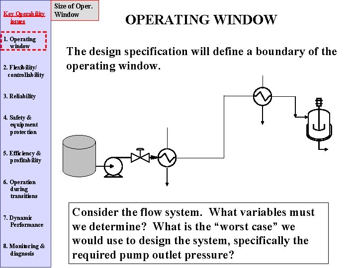 Key Operability issues 1. Operating window 2. Flexibility/ controllability Size of Oper. Window OPERATING