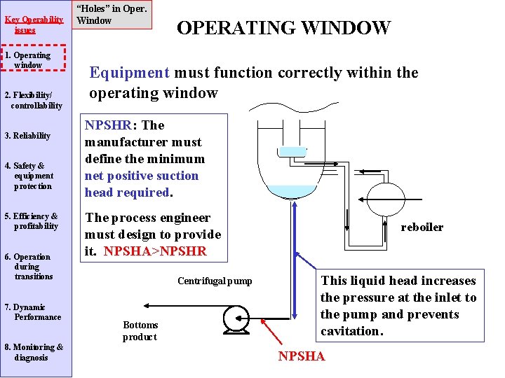 Key Operability issues 1. Operating window 2. Flexibility/ controllability 3. Reliability 4. Safety &