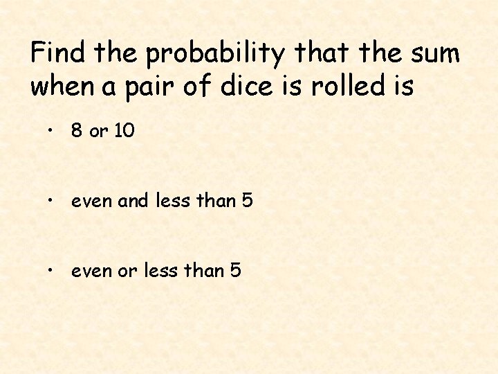 Find the probability that the sum when a pair of dice is rolled is