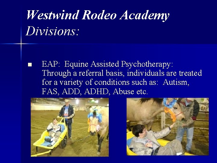 Westwind Rodeo Academy Divisions: n EAP: Equine Assisted Psychotherapy: Through a referral basis, individuals