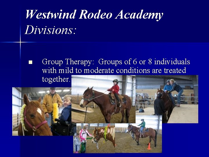 Westwind Rodeo Academy Divisions: n Group Therapy: Groups of 6 or 8 individuals with