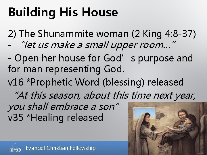 Building His House 2) The Shunammite woman (2 King 4: 8 -37) - “let