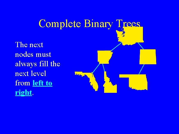 Complete Binary Trees The next nodes must always fill the next level from left