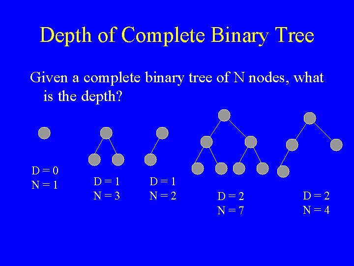 Depth of Complete Binary Tree Given a complete binary tree of N nodes, what