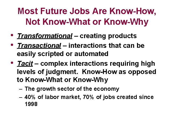 Most Future Jobs Are Know-How, Not Know-What or Know-Why • • • Transformational –