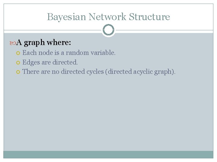 Bayesian Network Structure A graph where: Each node is a random variable. Edges are