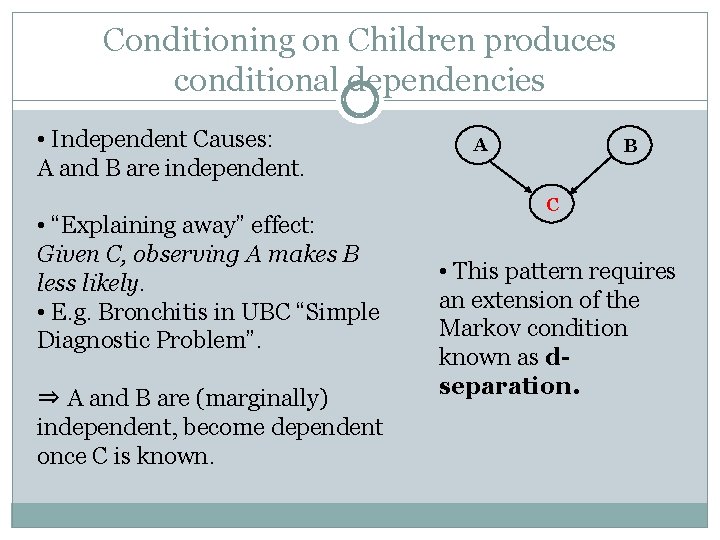 Conditioning on Children produces conditional dependencies • Independent Causes: A and B are independent.