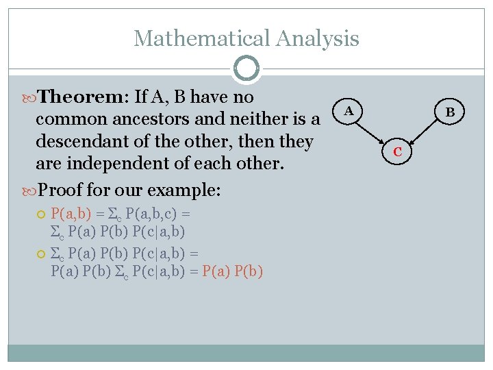 Mathematical Analysis Theorem: If A, B have no common ancestors and neither is a