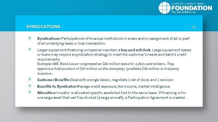 SYNDICATIONS » » » Syndications: Participations of financial institutions in a sale and/or assignment