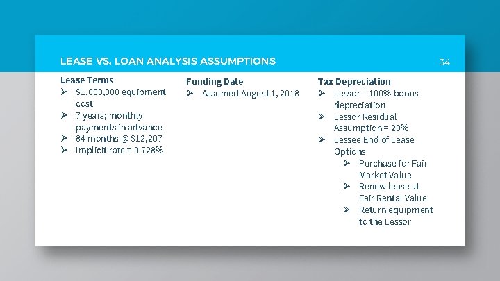 LEASE VS. LOAN ANALYSIS ASSUMPTIONS Lease Terms Ø $1, 000 equipment cost Ø 7