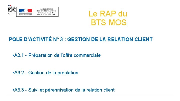 Le RAP du BTS MOS PÔLE D’ACTIVITÉ N° 3 : GESTION DE LA RELATION Le RAP du BTS MOS PÔLE D’ACTIVITÉ N° 3 : GESTION DE LA RELATION