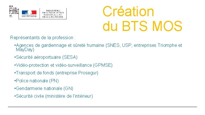 Création du BTS MOS Représentants de la profession : • Agences de gardiennage et Création du BTS MOS Représentants de la profession : • Agences de gardiennage et