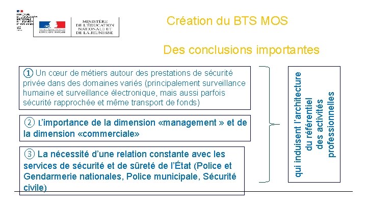 Création du BTS MOS ① Un cœur de métiers autour des prestations de sécurité Création du BTS MOS ① Un cœur de métiers autour des prestations de sécurité