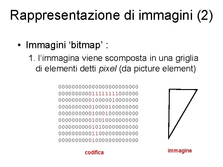 Rappresentazione di immagini (2) • Immagini ‘bitmap’ : 1. l’immagina viene scomposta in una