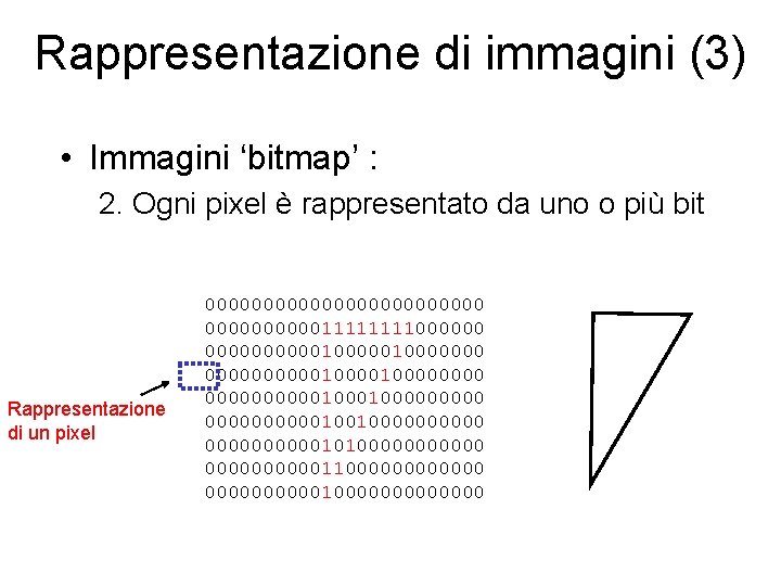 Rappresentazione di immagini (3) • Immagini ‘bitmap’ : 2. Ogni pixel è rappresentato da