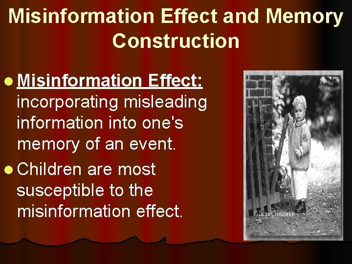 Misinformation Effect and Memory Construction l Misinformation Effect: incorporating misleading information into one's memory