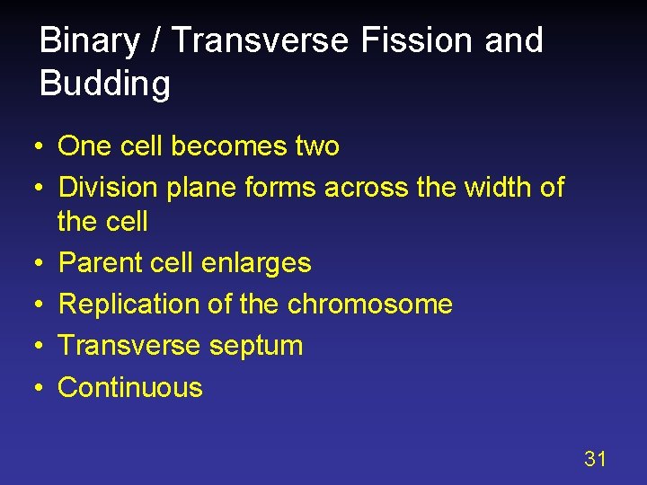 Binary / Transverse Fission and Budding • One cell becomes two • Division plane