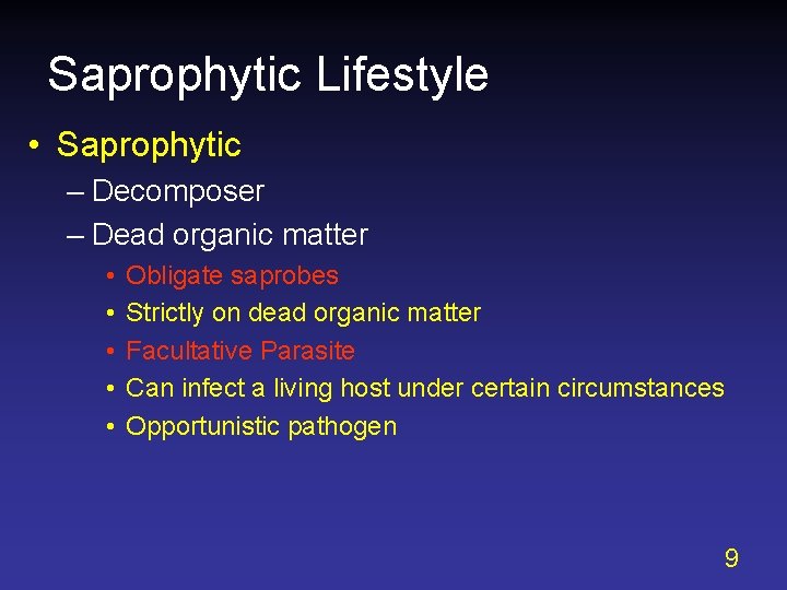 Saprophytic Lifestyle • Saprophytic – Decomposer – Dead organic matter • • • Obligate