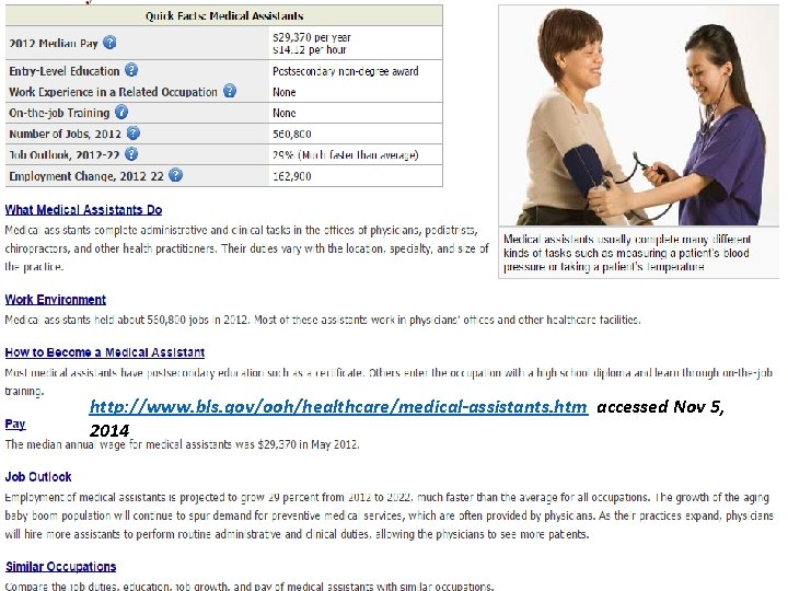 http: //www. bls. gov/ooh/healthcare/medical-assistants. htm accessed Nov 5, 2014 