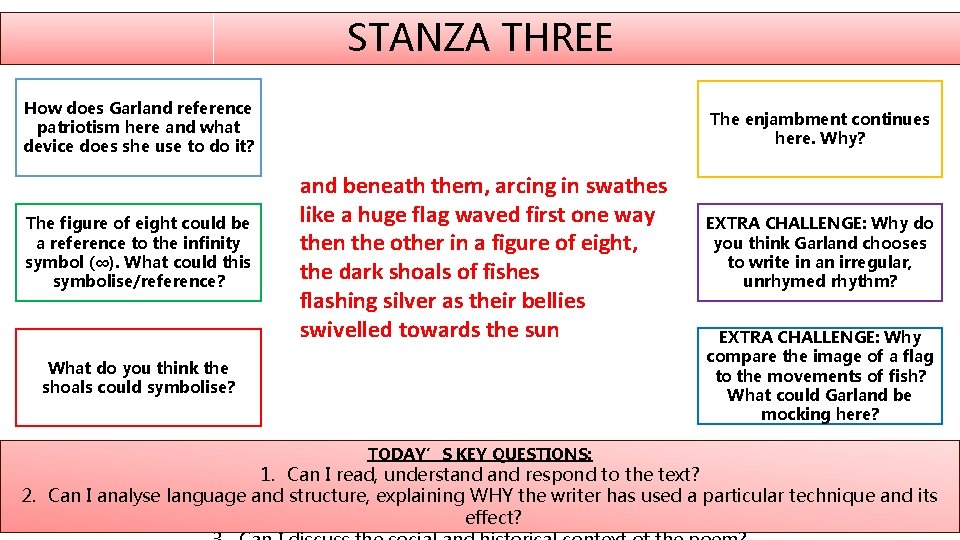 STANZA THREE How does Garland reference patriotism here and what device does she use