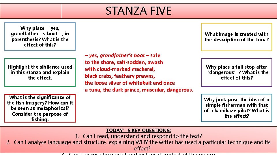 STANZA FIVE Why place ‘yes, grandfather’s boat’, in parenthesis? What is the effect of