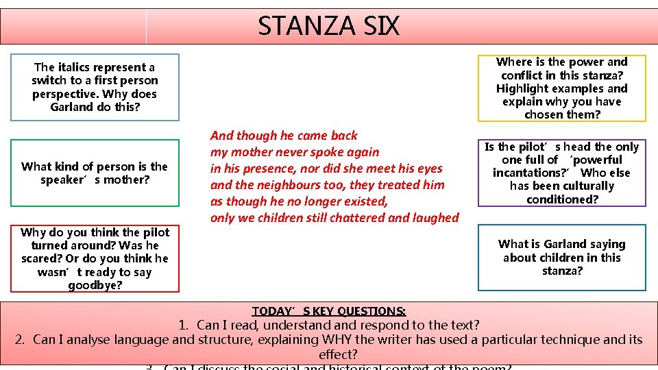 STANZA SIX Where is the power and conflict in this stanza? Highlight examples and