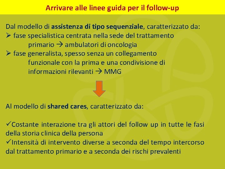 Arrivare alle linee guida per il follow-up Dal modello di assistenza di tipo sequenziale,