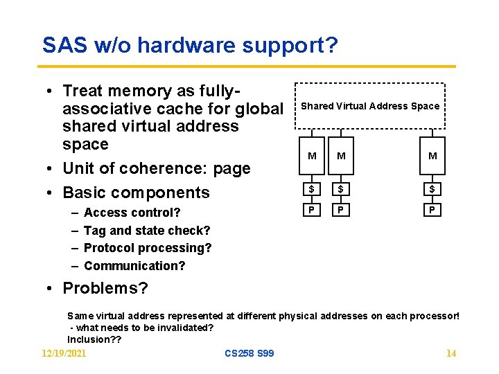 SAS w/o hardware support? • Treat memory as fullyassociative cache for global shared virtual