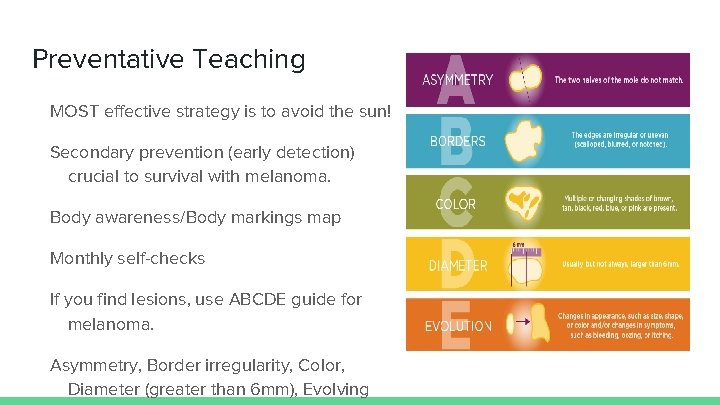 Preventative Teaching MOST effective strategy is to avoid the sun! Secondary prevention (early detection)