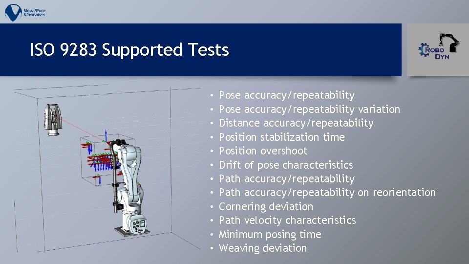 ISO 9283 Supported Tests • • • Pose accuracy/repeatability variation Distance accuracy/repeatability Position stabilization