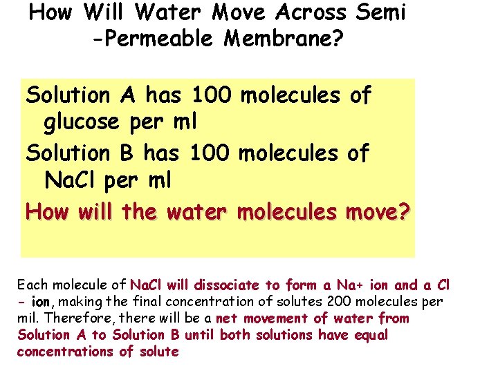 How Will Water Move Across Semi -Permeable Membrane? Solution A has 100 molecules of