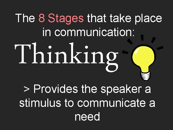 The 8 Stages that take place in communication: Thinking > Provides the speaker a