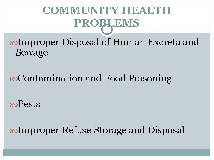 COMMUNITY HEALTH PROBLEMS Improper Disposal of Human Excreta and Sewage Contamination and Food Poisoning
